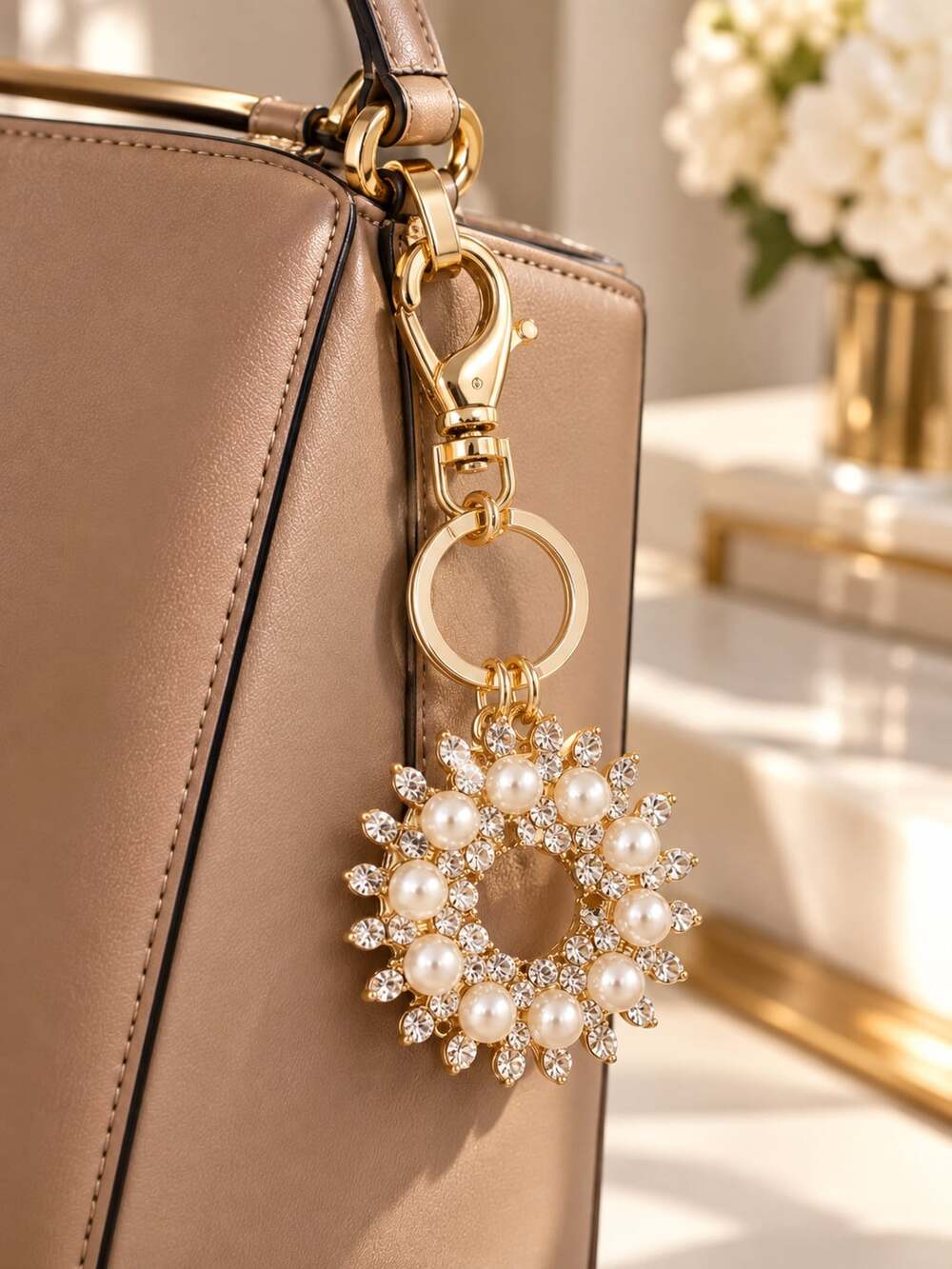 Pearl Rhinestone Keychain Gold Purse Charm Sparkly Bag Charm Elegant Glam